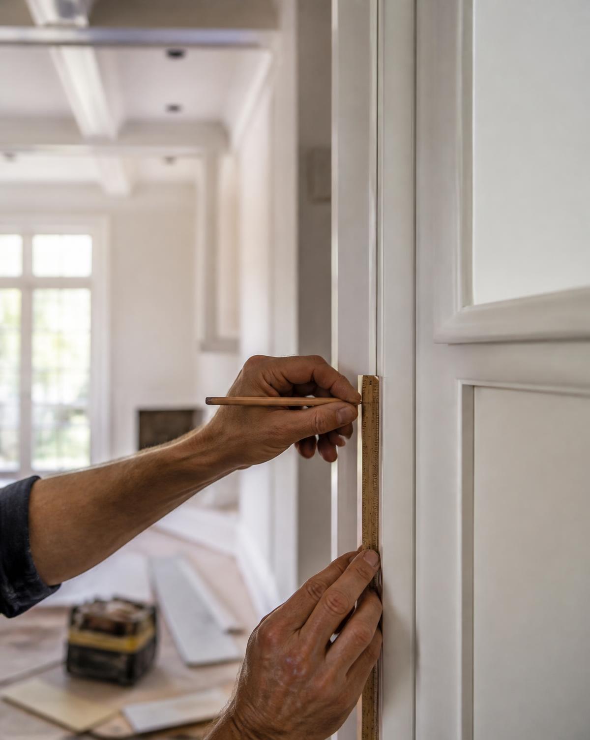 A carpenter measuring and fitting interior trim inside a bright home under renovation
