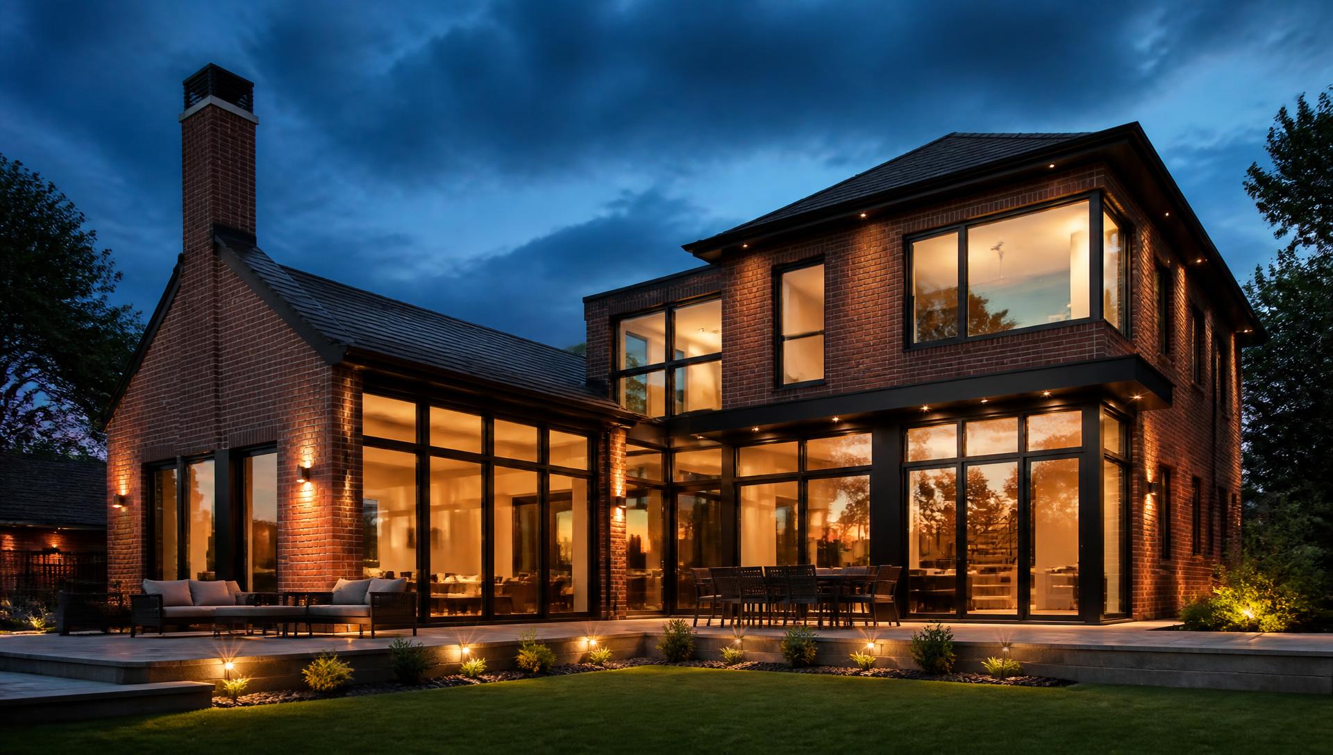 A completed modern brick home with black-framed glass, lit from inside at dusk